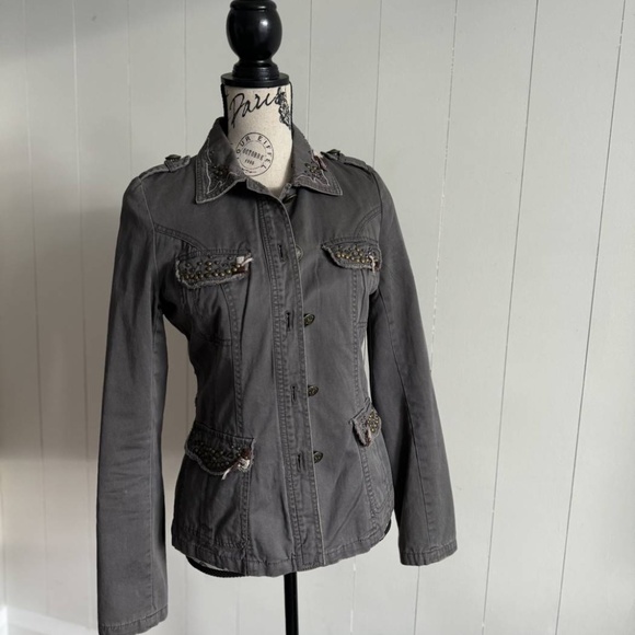 Miss Me Grey Boho Embellished Medium Jean Jacket - Picture 1 of 5